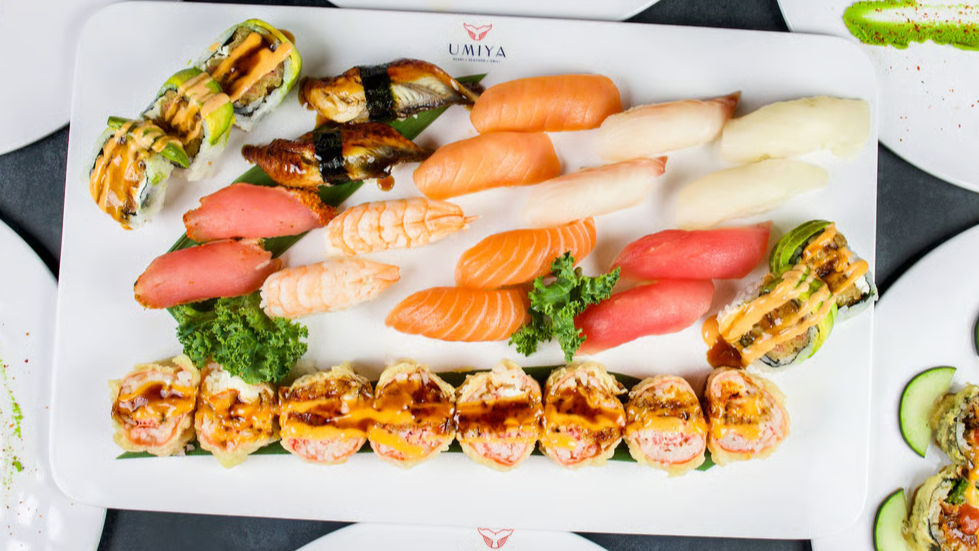 Assorted nigiri and specialty rolls at Umiya Raleigh